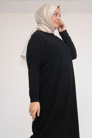 58152 Büyük Beden Düşükkol Omzu Taş Detaylı Mir Tunik - Siyah