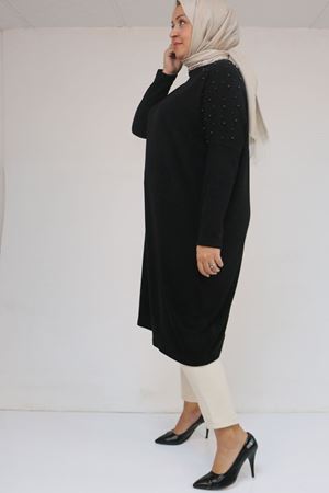 58152 Büyük Beden Düşükkol Omzu Taş Detaylı Mir Tunik - Siyah