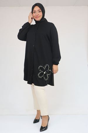 58127 Büyük Beden Hakim Yaka Aksesuar Detaylı Modal Tunik - Siyah