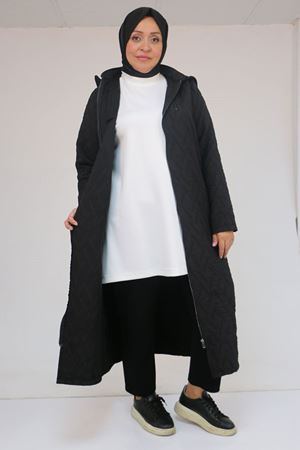 53038 Büyük Beden Kapşonlu Fermuarlı Kapitone Trençkot - Siyah