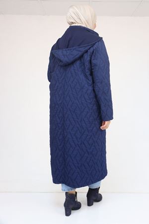 53038 Büyük Beden Kapşonlu Fermuarlı Kapitone Trençkot - İndigo