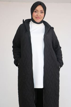 53038 Büyük Beden Kapşonlu Fermuarlı Kapitone Trençkot - Siyah