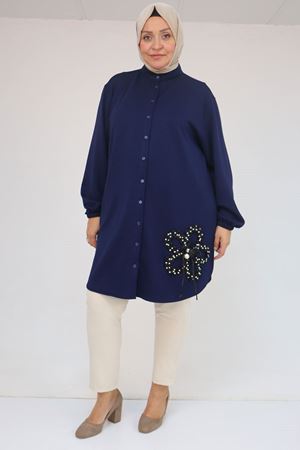 58127 Büyük Beden Hakim Yaka Aksesuar Detaylı Modal Tunik - İndigo