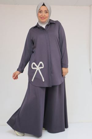 57055 Büyük Beden Gömleği Düğmeli Pantolonlu Modal Takım - Antrasit