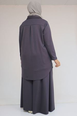 57055 Büyük Beden Gömleği Düğmeli Pantolonlu Modal Takım - Antrasit