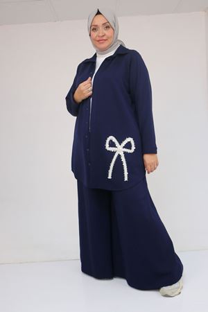 57055 Büyük Beden Gömleği Düğmeli Pantolonlu Modal Takım - İndigo