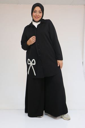 57055 Büyük Beden Gömleği Düğmeli Pantolonlu Modal Takım - Siyah
