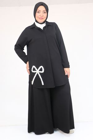 57055 Büyük Beden Gömleği Düğmeli Pantolonlu Modal Takım - Siyah