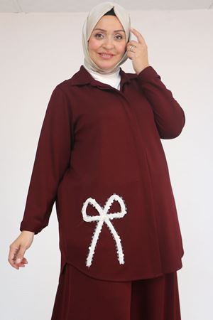 57055 Büyük Beden Gömleği Düğmeli Pantolonlu Modal Takım - Bordo