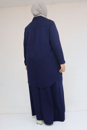 57055 Büyük Beden Gömleği Düğmeli Pantolonlu Modal Takım - İndigo