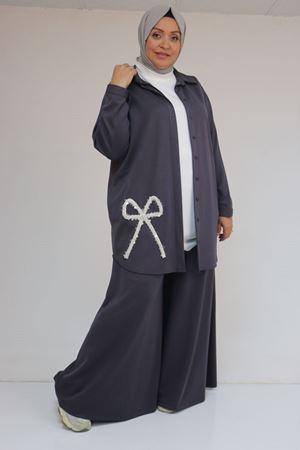 57055 Büyük Beden Gömleği Düğmeli Pantolonlu Modal Takım - Antrasit