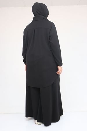 57055 Büyük Beden Gömleği Düğmeli Pantolonlu Modal Takım - Siyah