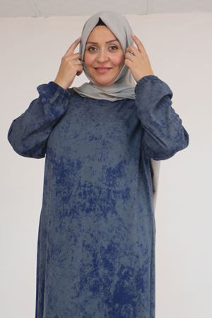 52030 Büyük Beden Kolu Lastikli Modal Elbise - Batik İndigo