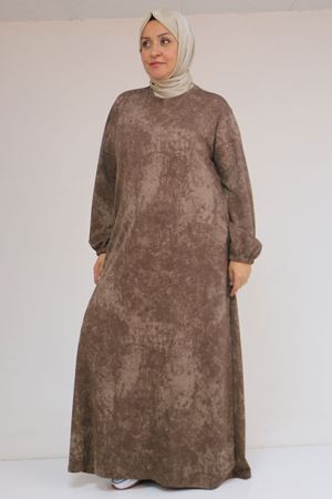 52030 Büyük Beden Kolu Lastikli Modal Elbise - Batik Vizon