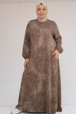 52030 Büyük Beden Kolu Lastikli Modal Elbise - Batik Vizon