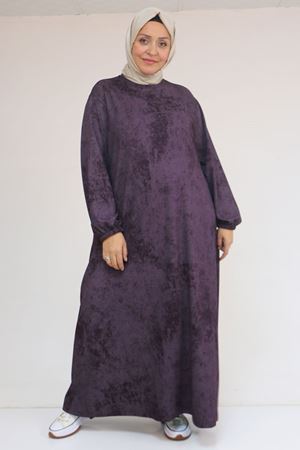 52030 Büyük Beden Kolu Lastikli Modal Elbise - Batik Mürdüm
