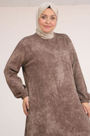52030 Büyük Beden Kolu Lastikli Modal Elbise - Batik Vizon