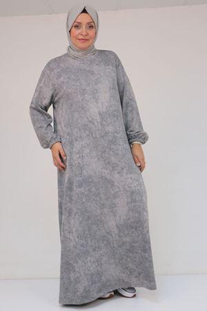 52030 Büyük Beden Kolu Lastikli Modal Elbise - Batik Gri