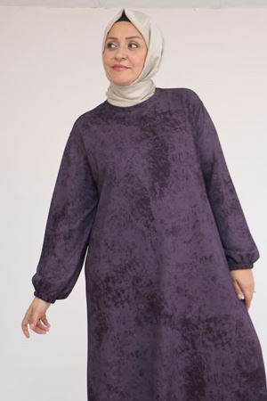 52030 Büyük Beden Kolu Lastikli Modal Elbise - Batik Mürdüm