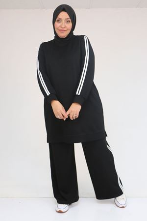 57060 Büyük Beden Omzu Şeritli Modal Pantolonlu Takım - Siyah