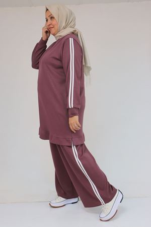 57060 Büyük Beden Omzu Şeritli Modal Pantolonlu Takım - Gül Kurusu