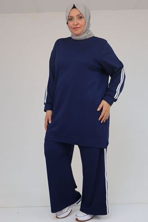 57060 Büyük Beden Omzu Şeritli Modal Pantolonlu Takım - İndigo