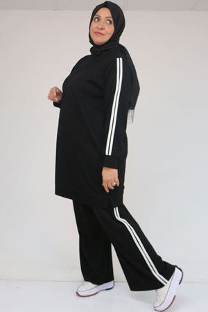 57060 Büyük Beden Omzu Şeritli Modal Pantolonlu Takım - Siyah