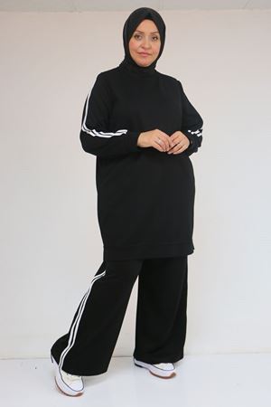 57060 Büyük Beden Omzu Şeritli Modal Pantolonlu Takım - Siyah