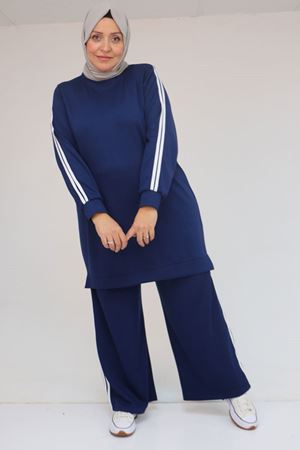 57060 Büyük Beden Omzu Şeritli Modal Pantolonlu Takım - İndigo
