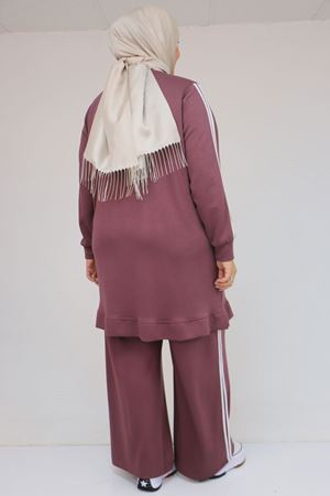 57060 Büyük Beden Omzu Şeritli Modal Pantolonlu Takım - Gül Kurusu