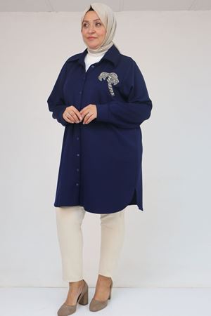 58126 Büyük Beden Düğmeli Aksesuar Detaylı Modal Tunik - İndigo