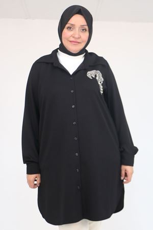 58126 Büyük Beden Düğmeli Aksesuar Detaylı Modal Tunik - Siyah