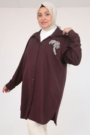 58126 Büyük Beden Düğmeli Aksesuar Detaylı Modal Tunik - Kahve