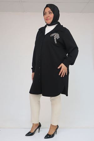 58126 Büyük Beden Düğmeli Aksesuar Detaylı Modal Tunik - Siyah