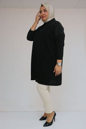 53047 Büyük Beden Omzu Taş Detaylı Mir Ceket - Siyah