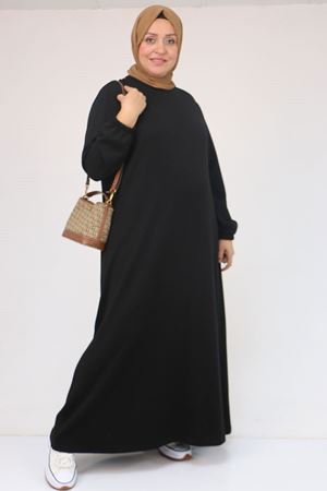 52031 Büyük Beden Kolu Lastikli Modal Elbise - Siyah