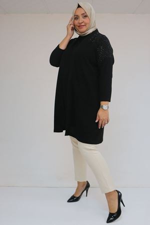53047 Büyük Beden Omzu Taş Detaylı Mir Ceket - Siyah