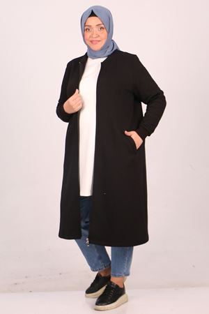 33096 Büyük Beden Fermuarlı Üç İplik  Kap - Siyah