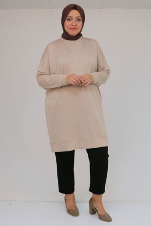 58157 Büyük Beden Beyoğlu Taş Çakmalı Modal Tunik - Vizon