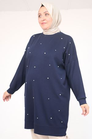 58157 Büyük Beden Beyoğlu Taş Çakmalı Modal Tunik - Lacivert