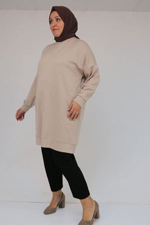 58157 Büyük Beden Beyoğlu Taş Çakmalı Modal Tunik - Vizon