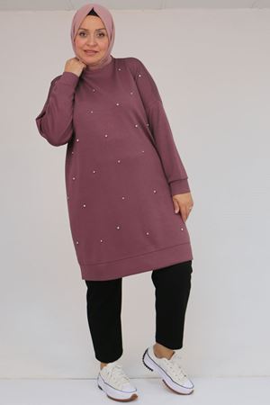 58157 Büyük Beden Beyoğlu Taş Çakmalı Modal Tunik - Gül Kurusu