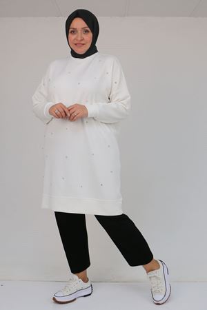 58157 Büyük Beden Beyoğlu Taş Çakmalı Modal Tunik - Ekru