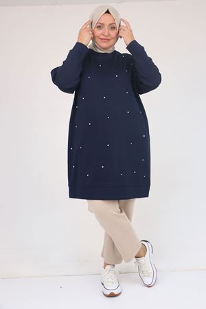 58157 Büyük Beden Beyoğlu Taş Çakmalı Modal Tunik - Lacivert
