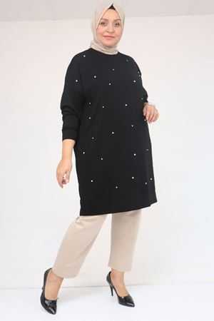 58157 Büyük Beden Beyoğlu Taş Çakmalı Modal Tunik - Siyah