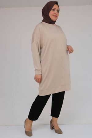 58157 Büyük Beden Beyoğlu Taş Çakmalı Modal Tunik - Vizon