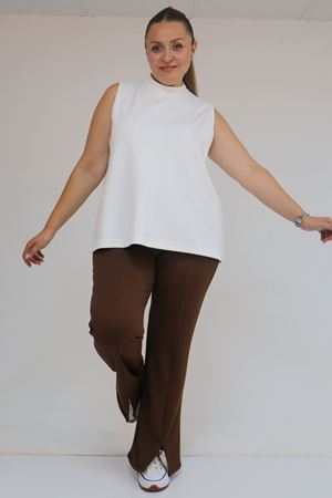 59506 Büyük Beden Paçası Yırtmaçlı İspanyol Paça Tayt Pantolon - Kahve