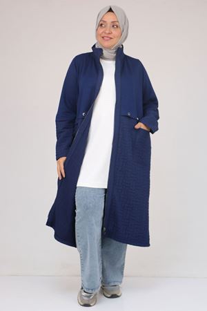 53039 Büyük Beden  Kapitone - Modal Kombinli Trençkot - İndigo