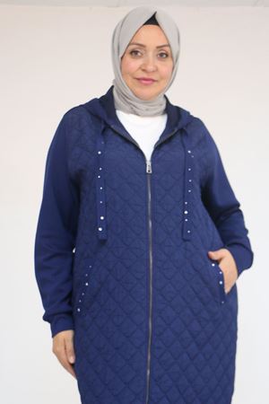 53041 Büyük Beden Modal - Kapitone Kombinli Kap - İndigo