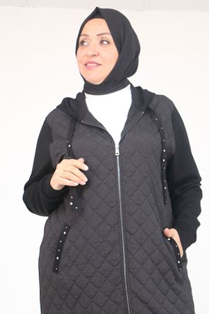 53041 Büyük Beden Modal - Kapitone Kombinli Kap - Siyah